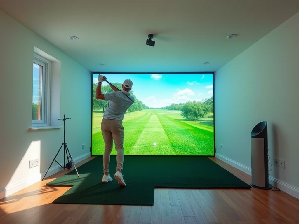 Golfer mid-swing in a bright home golf simulator room